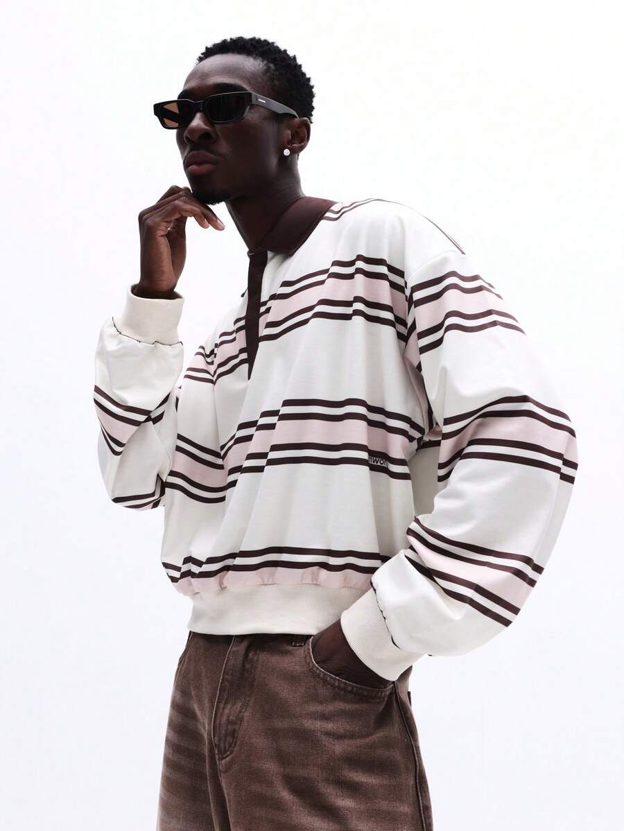 SUMWON Long Sleeve Striped Polo Shirt With Collar Button Placket Crop Fit Casual Horizontal Stripes Pattern Ribbed Cuffs - Multicolor - View 1