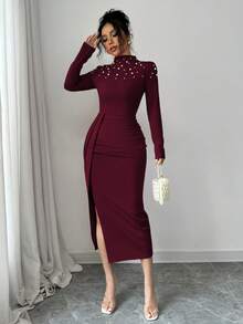 Elenzga Vestido plisado con abertura hecho a mano con cuentas para mujeres - Burdeos - Ver 5