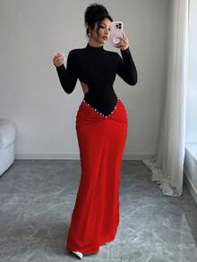 Elenzga Elegant Sexy Party Dress With Pearl Decor & Cutout Design, Autumn/Winter - Red - View 3