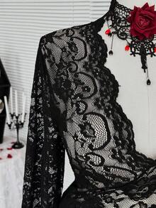 Coolane 女士加大码秋冬四季皆宜Grunge哥特Y2K朋克性感街头风锐舞俱乐部弹力舒适金属孔眼黑色蕾丝透视性感深V领长袖上衣哥特风女士情人节 - 黑色 - 查看 4