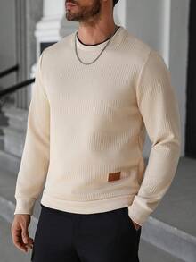 Manfinity CasualCool 男士撞色纹理面料长袖套头卫衣，奶油色上衣，男士米色上衣，复古风格，日常休闲，周末旅行，户外活动，探险旅行，轻松的工作环境或半正式场合，男友/丈夫礼物，周年纪念/生日礼物，派对，圣诞节，新年，婚礼 - 杏色 - 查看 4