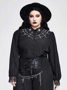 ROMWE Goth 深色哥特式蜘蛛网刺绣大码衬衫 - 黑色 - 查看 4