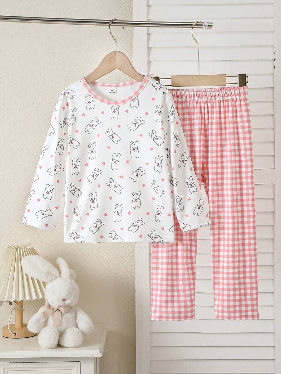 2pcs Young Girl' Long Sleeve Pullover Top And Pants Pajama Set, Knit Fabric, Cute Rabbit & Plaid Print, Comfortable & Soft