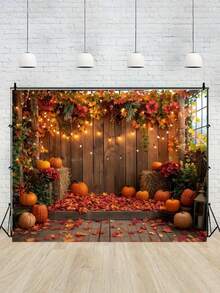 1件秋季南瓜枫叶摄影背景布 - 感恩节丰收摄影背景装饰 - 生日派对横幅道具 - 多功能，适用于室内、花园和户外 - 无需用电 - 彩色 - 查看 10
