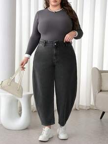 SHEIN CURVE+ 大码高腰弹力腰带休闲百搭牛仔裤，黑色，适合冬季、春季、圣诞节、新年、感恩节、通勤、度假、毕业典礼等各种场合，时尚百搭，Y2K风格，可爱街头风，适合派对、婚礼、优雅商务休闲等各种场合，舒适大码高弹黑色牛仔弹力腰阔腿牛仔裤，适合日常穿着，曲线友好型牛仔裤，黑色锥形牛仔裤，5XL码女式牛仔裤，曲线妈妈牛仔裤 - 黑色 - 查看 7