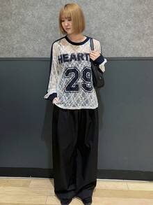 FRIFUL Women's Round Neck Lace Patchwork Letter Print Contrast Color Loose Long Sleeve T-Shirt - White - View 6