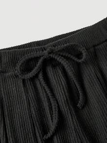 SHEIN MOD Setelan Dua Potong Kaos Lengan Panjang Bergaris Kasual Warna Khaki dan Celana Panjang Wanita, Celana Panjang Lebar - Hitam - View 3