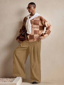 SWAVVY 男士梭织休闲宽松直筒纯色裤 - 棕色 - 查看 6