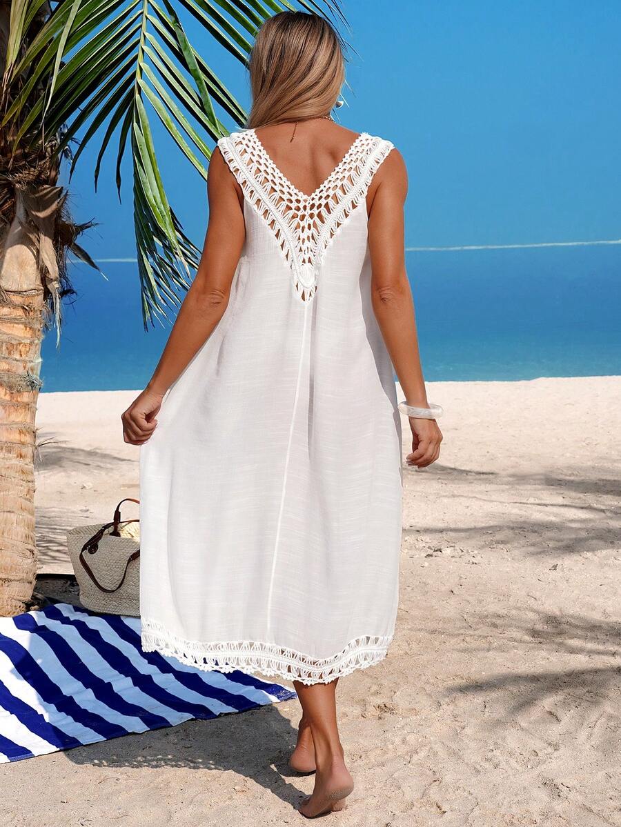 Swim Vcay Đầm maxi nữ mùa hè màu trơn dệt kim cổ chữ V khoét rỗng phối họa tiết móc len, kiểu dáng ngọt ngào, gợi cảm, hở lưng, thích hợp mặc ngoài bikini. - trắng - Xem 1