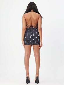 BABYPHAT Printed Cowl Neck Mini Dress With Ruching Detail And Halter Straps Perfect For Party Evening Occasions - Black - View 8