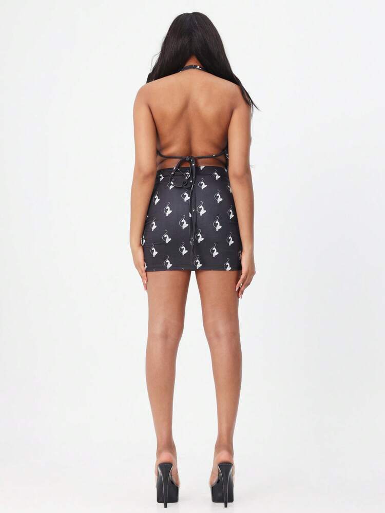 BABYPHAT Printed Cowl Neck Mini Dress With Ruching Detail And Halter Straps Perfect For Party Evening Occasions