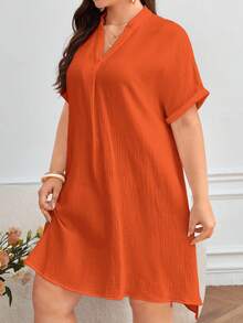 SHEIN Frenchy 大码休闲纯色V领连衣裙，夏季 - 亮橙色 - 查看 4