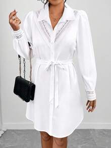 Elenzga Đầm dài tay cỡ lớn dành cho nữ, thiết kế phối ren, kèm thắt lưng vải, kiểu dáng tối giản và thời trang, phù hợp cho công sở và mặc hàng ngày. - trắng - Xem 4