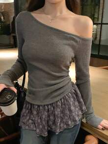 DAZY Áo thun dài tay nữ phối ren, vai lệch, kiểu Hàn Quốc, thích hợp cho mùa xuân/hè. - Xám - Xem 4