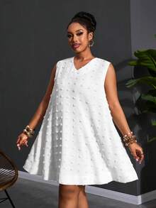 Slaydiva 大码女式夏季纯白色V领波点宽松A字迷你连衣裙，适合夏季穿着，也适合圣诞节、新年、感恩节、海滩、优雅场合、社交活动、通勤、日常穿着、商务、机场、派对、毕业典礼等场合。 - 白色 - 查看 5