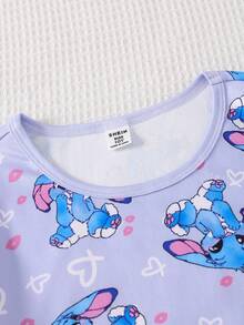 SHEIN GraphicGems Girls' Cute Rabbit & Heart Print Purple Round Neck Short Sleeve Shorts Knit Stretchy Fabric Comfortable Fitted 2 Pieces Loungewear Set - Multicolor - View 6