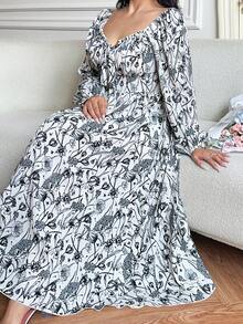 Vibekara Casual Elegant Retro Princess Palace Medieval Lace-Up Bustier Print A-Line Dress For Plus Size Women - Black and White - View 4