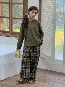 Hapijoa 少女纯色上衣和格子裤睡衣套装 - 軍綠色 - 查看 4