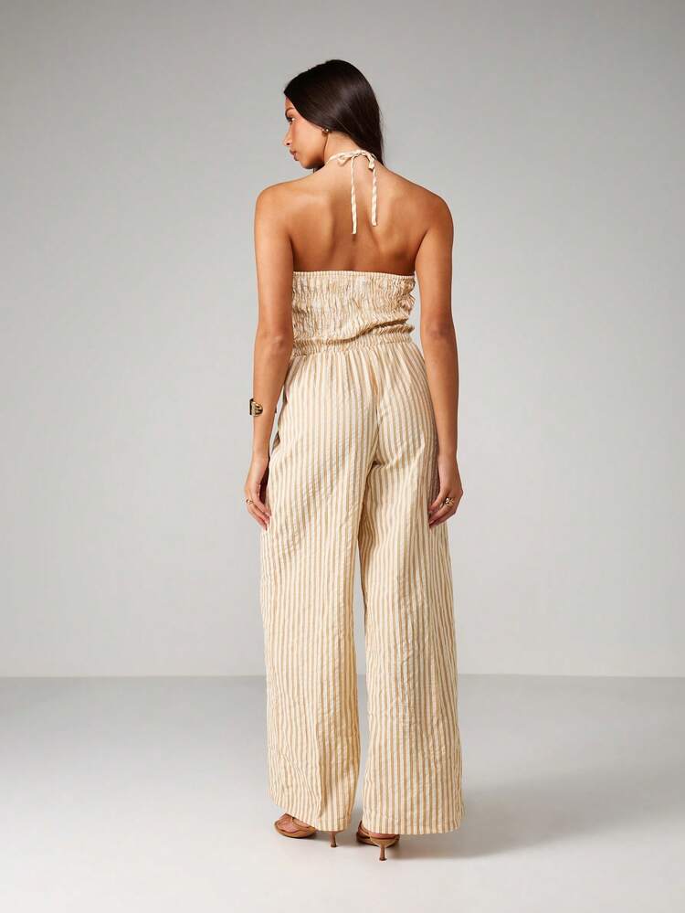 MISSGUIDED Halter Neck Striped Jumpsuit With Shirred Bodice Tie Front Wide Leg Summer Beach Festival Casual