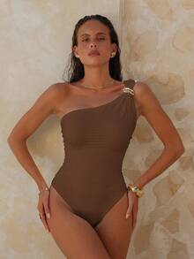 Swim Chiccia New Women's Swimsuit, Knitted High-End Elegant Solid White Single Shoulder Metal Accessory Waist Pleated One-Piece One Shoulder Swimsuit Brown One Shoulder Brown One Piece Brown One Piece Swimsuit One Shoulder Bikini Brown Bodysuit Brown Bikini Set Brown Swimsuit Women - Brown - View 3