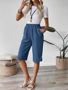 EMERY ROSE Women's Casual Village Style Button Mid-Length Linen Pants, Summer - Blue - View 6