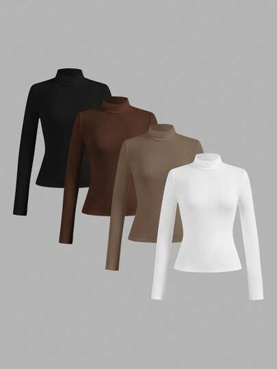 SHEIN Essnce 4pcs/Set Casual Solid Color Versatile Layering Slim Fit Turtleneck Sweaters For Women, Autumn/Winter