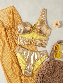 SHEIN Swim SXY 2件套女士新款连体泳衣，带闪亮镂空网纱裙摆，春夏泳装套装 - 金色 - 查看 5