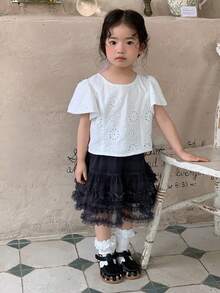 DAZY Baby Girl Plaid Patchwork Ruffle Hem Mesh Skirt - Blue - View 4