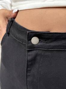 Muchica 大码女式高腰黑色简约休闲喇叭牛仔裤 - 黑色 - 查看 6