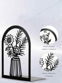 1 Pc Each Style,Floral Bookshelf Decor, Bookshelf Bookends, Desk Ends, Metal Black Bookshelf, Heavy Book Bookshelf, Bookends, Office School Book Folders Storage Desk Decor, Book Ends For Thick Books, Book Ends For Home Office(There Is Only One Piece For Each Style) - Black - View 7