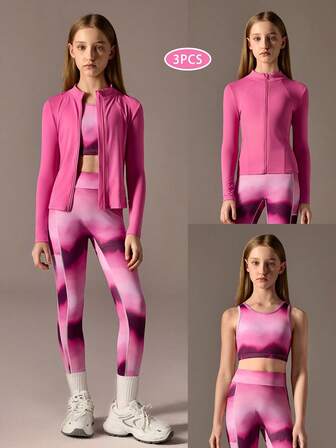 SHEIN Conjunto de 3 piezas para niñas preadolescentes: Chaqueta activa, Camiseta de tirantes y Leggings, Chaqueta magenta con camiseta de rayas rosas y pantalones de yoga, alta elasticidad y comodidad