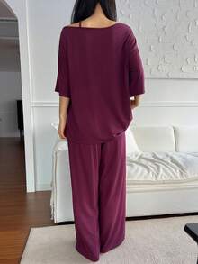 DAZY 紫色极简针织单肩家居服套装（女士款） - 紫色 - 查看 2