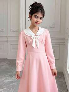 1 pieza Vestido de manga larga elegante y cómodo con cuello de volantes, lazo y encaje, versátil y femenino, apropiado para uso diario en primavera/otoño - Multicolor - Ver 6