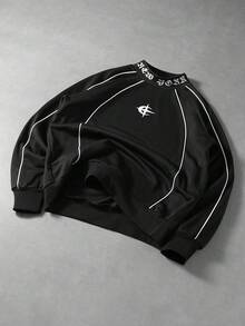 PAVTROS 男士字母印花立领插肩袖休闲套头衫卫衣 男士Y2K服装 Y2K长袖男士Y2K上衣 男士Y2K运动服 - 黑色 - 查看 3