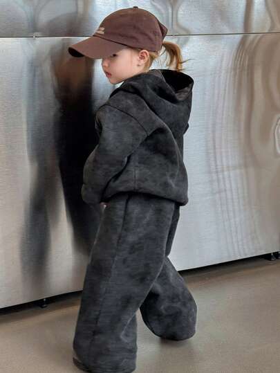 DAZY 2pcs/Set Young Girls Ombre Washed Hoodie Top And Loose Sweatpants, Sweatsuit Set