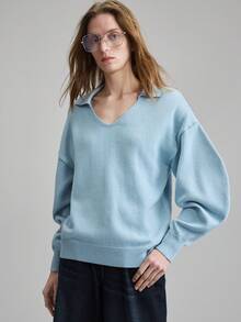 Ontre 2026春夏款女士针织混纺V领毛衣，纯色，灰蓝色，简约优雅，适合派对、假日、办公、休闲等场合，百搭都市时尚，长袖 - 淺藍色 - 查看 7