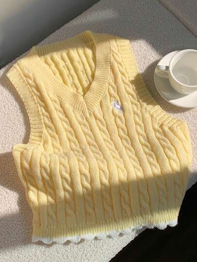 Comfortcana 女士时尚纯色绞花修身优雅刺绣毛衣背心，休闲简约百搭，适合春、夏、秋季穿着。