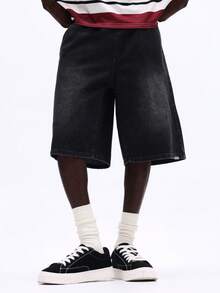 SUMWON Quần short jean nam dáng rộng thoải mái, chất liệu denim mài vintage, dài đến đầu gối, ống rộng, kiểu dáng thường ngày mùa hè, có túi sau, phong cách streetwear. - Màu xám đen - Xem 4