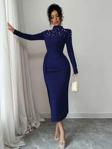 Elenzga Handmade Beaded Pleated Slit Dress For Women - Navy Blue - View 4