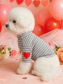 PETSIN 1pc Cat And Dog Clothing, Embroidered Heart-Shaped Valentine's Day Gray And White Striped T-Shirt, Comfortable Pet Clothing For Spring And Autumn - grey strips - View 4