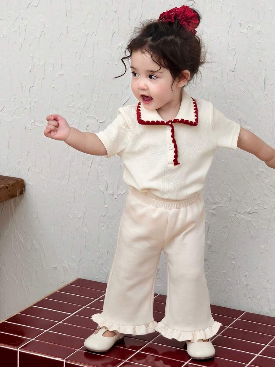 DAZY Toddler Girls' Casual Contrast Color Collar Short Sleeve Top