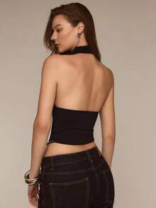 ATUI Studio Women's Draped Neck Backless Studded Asymmetrical Hem Fashionable Versatile Vacation Party Top,Black Top, Valentine's Day - Black - View 3