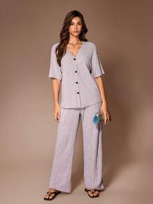 Lazeform Conjunto de chaqueta y pantalón de felpa suave acanalada con botones para estar en casa - Rosa - Ver 6