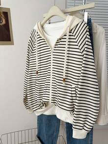 INAWLY Casual Striped Drawstring Sweatshirt, Autumn - Apricot - View 1