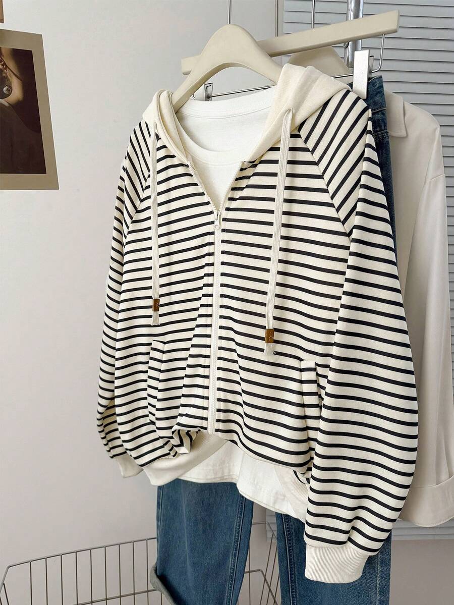 INAWLY Casual Striped Drawstring Sweatshirt, Autumn - Apricot - View 1