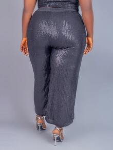CurvyTilda Plus Size Women Solid Color Elastic Waist Wide Leg Loose Sequin Pants, For Hourglass Body Shape - Black - View 2