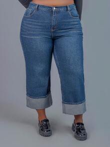CurvyTilda Plus Size Women Pockets Loose Wide Leg Casual Versatile Jeans,Fall Clothes For Women, For Hourglass Body Shape - Dark Wash - View 5