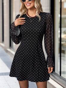Solivie Women's Polka Dot Print Round Neck Flare Sleeve Elegant Short Dress Black And White Polkadot Dress Long Sleeve Elegant Dress Black Mesh Dress - Black - View 4