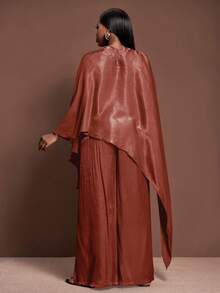 Veslaya 2025 Plus Size Women's Winter Clothing Glossy Fabric Cape Style Top Loose Pants Two Pieces Set, Suitable For Christmas/New Year Clothing/Parties/Women's Elegance/Shiny Two Pieces Set/Women's Thanksgiving Outfit/Formal Dress - Red - View 2