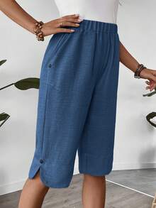 EMERY ROSE Women's Casual Village Style Button Mid-Length Linen Pants, Summer - Blue - View 1